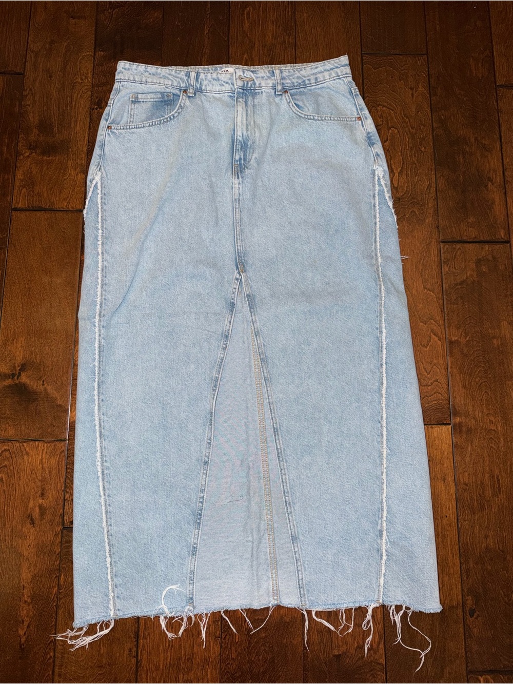 Zara Light Wash Denim Maxi Skirt with Open Front